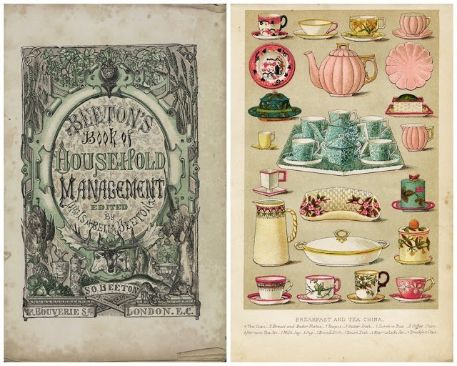 Слева - обложка, справа - иллюстрация посуды для завтрака из книги миссис Битон